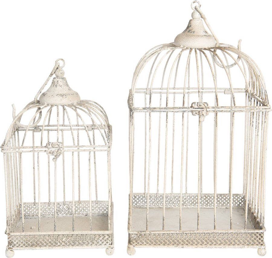 Clayre & Eef Vogelkooi Decoratie Set van 2 Wit Ijzer Vierkant Vogelkooi Decoratie