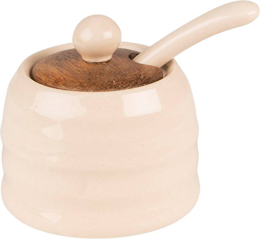 Clayre & Eef Voorraadpot Ø 8x6 cm Beige Bruin Keramiek Voorraadbus Beige Voorraadbus