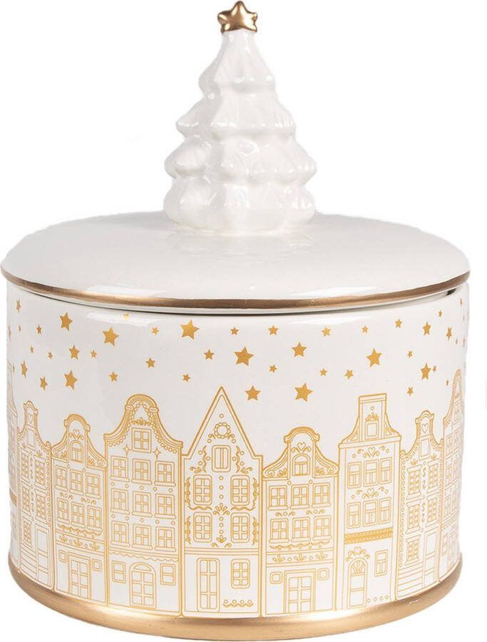 Clayre & Eef Voorraadpot Deksel Ø 15x19 cm Wit Goudkleurig Keramisch materiaal Huizen