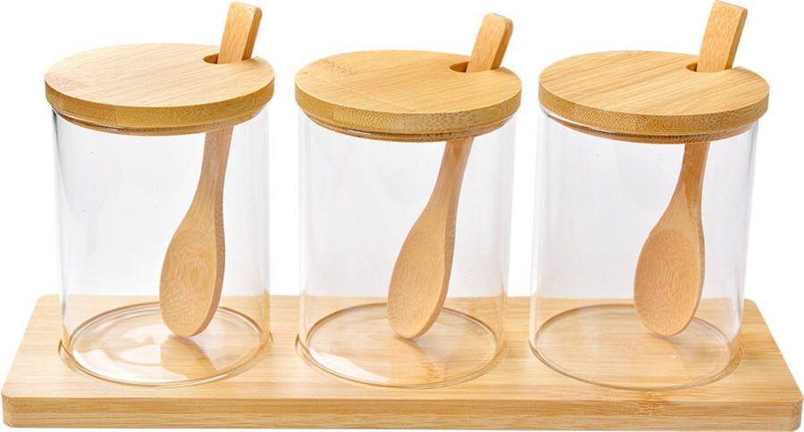 Clayre & Eef Voorraadpot Set van 3 Ø 8x10 cm Transparant Glas Hout Transparant