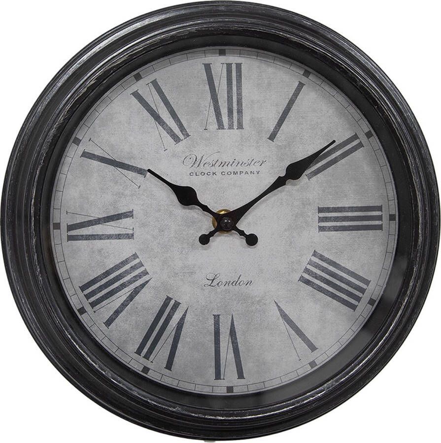 Clayre & Eef Wandklok Ø 25x4 cm Zwart Grijs Kunststof Glas Westminster Clock Company London Muurklok Zwart Muurklok