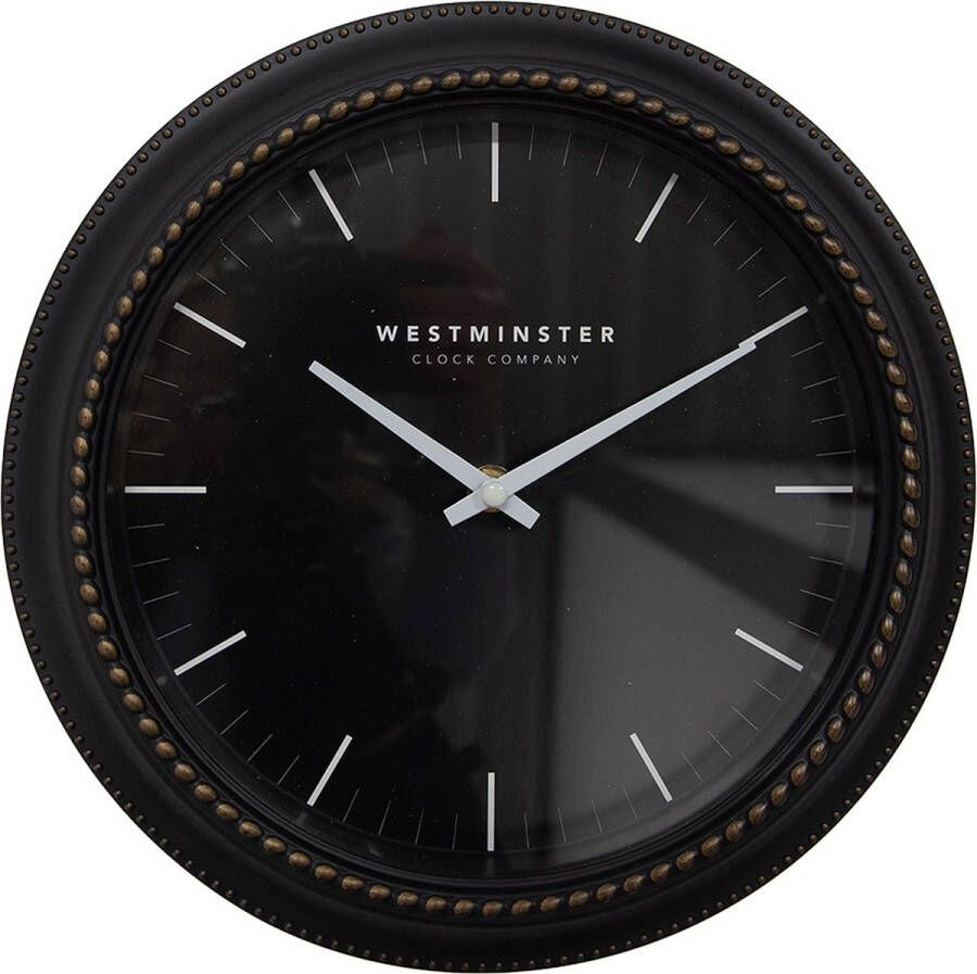 Clayre & Eef Wandklok Ø 28x5 cm Zwart Kunststof Glas Westminster clock company Muurklok Zwart Muurklok