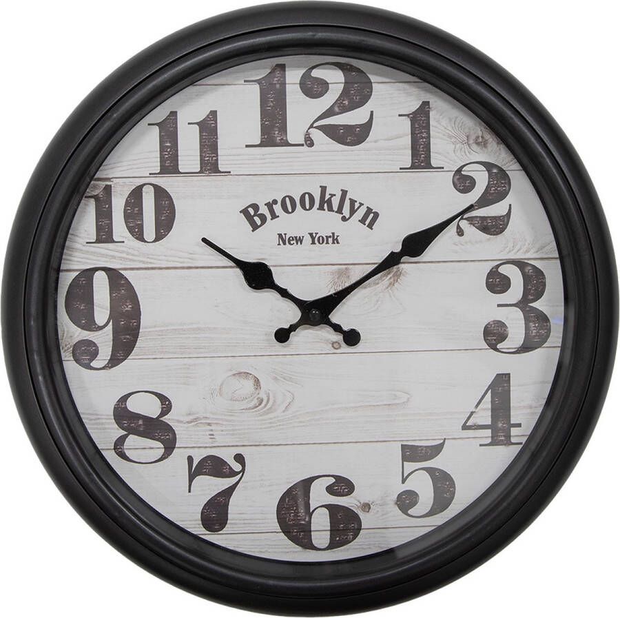 Clayre & Eef Wandklok Ø 40x7 cm Zwart Beige Kunststof Glas Brooklyn New York Muurklok Zwart Muurklok
