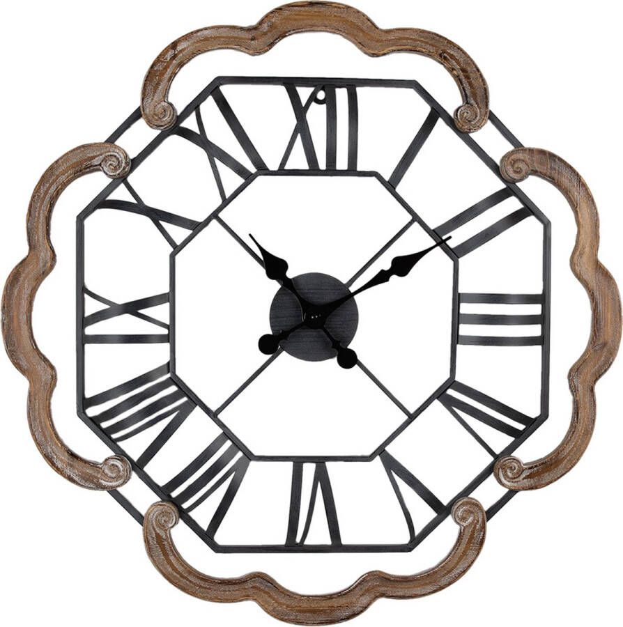 Clayre & Eef Wandklok Ø 70 cm Bruin Grijs Hout Ijzer Muurklok Bruin Muurklok