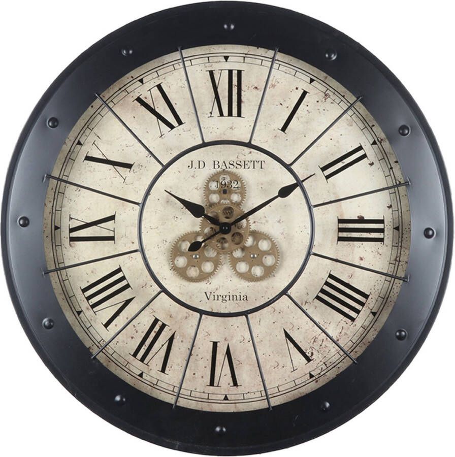 Clayre & Eef Wandklok Ø 80 cm Zwart MDF Ijzer Rond Muurklok Zwart Muurklok