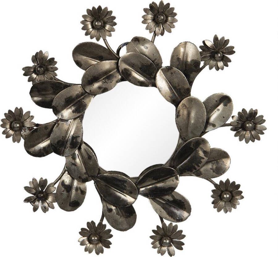 Clayre & Eef Wandspiegel Ø 15*2 cm Grijs Ijzer glas Bloemen Rond Grote Spiegel Muur Spiegel Wand Spiegel Grote SpiegelMuur SpiegelWand Spiegel