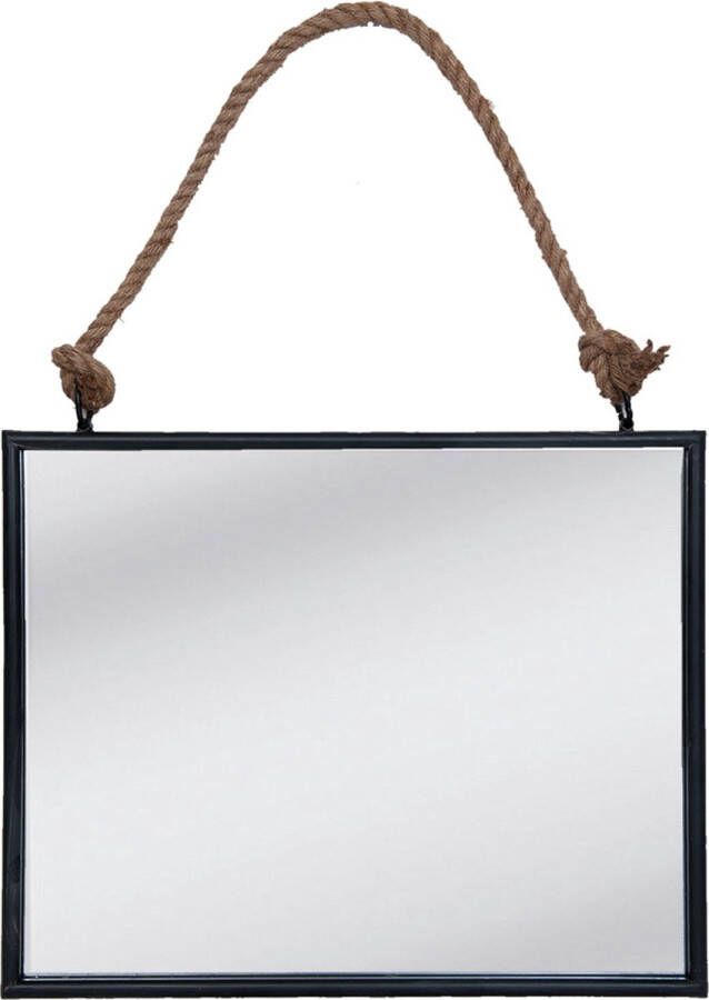 Clayre & Eef Wandspiegel 50*4*40 cm Zwart MDF ijzer Touw Rechthoek Grote Spiegel Muur Spiegel Wand Spiegel Grote SpiegelMuur SpiegelWand Spiegel