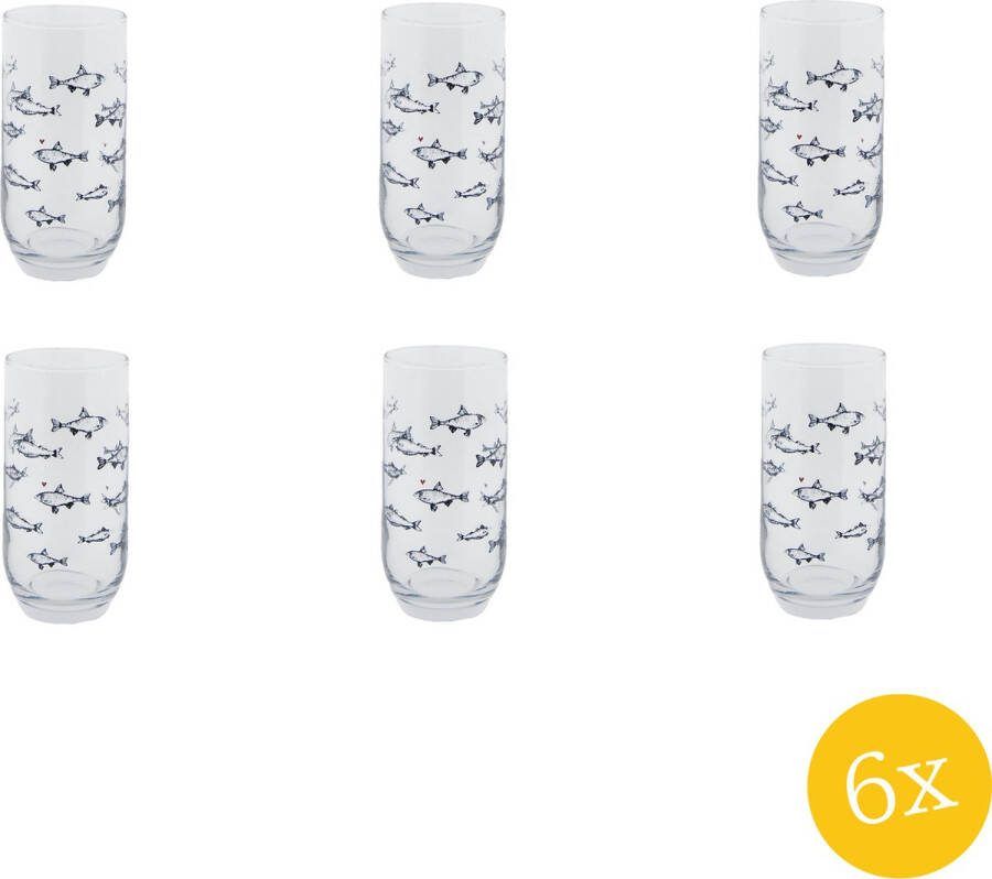 Clayre & Eef Waterglas set van 6 stuks Ø 7x14 cm 380 ml Transparant Glas Vissen Longdrinkglas