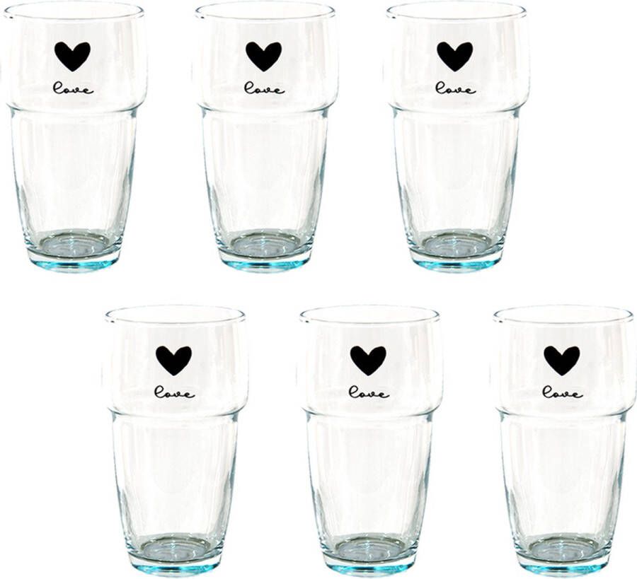 Clayre & Eef Waterglas set van 6 Waterglazen Drinkglas 250 ml Transparant Glas Hart Love Drinkbeker