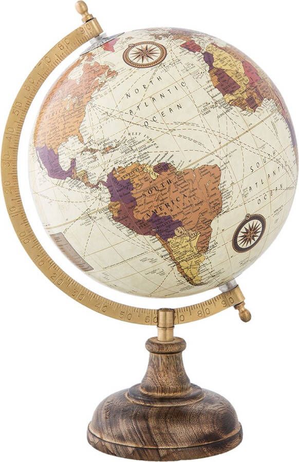 Clayre & Eef Wereldbol 22x20x33 cm Beige Bruin Hout Ijzer Rond Globe Aardbol Woonaccessoires