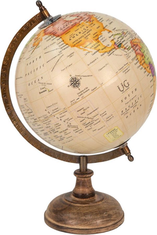 Clayre & Eef Wereldbol 22x37 cm Beige Bruin Hout Ijzer Rond Globe Aardbol Woonaccessoires
