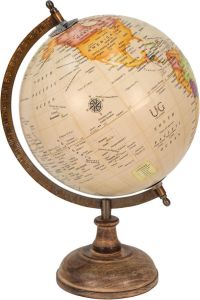 Clayre & Eef Wereldbol 22x37 Cm Beige Bruin Hout Ijzer Rond Globe Aardbol Woonaccessoires Beige Globe Aardbol