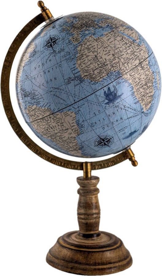 Clayre & Eef Wereldbol 22x37 cm Blauw Grijs Hout Ijzer Rond Globe
