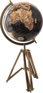 Clayre & Eef Wereldbol 28x26x55 Cm Zwart Hout Metaal Globe Aardbol Woonaccessoires Zwart Globe Aardbol