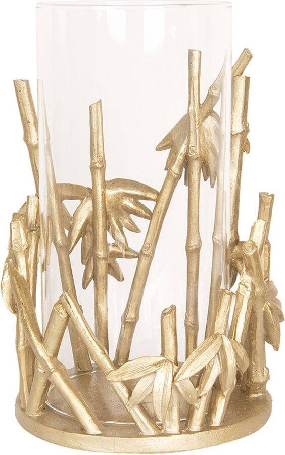 Clayre & Eef Windlicht Ø 18*26 cm Goudkleurig Glas Kunststof Rond Bamboe Kaarsenhouder Sfeerverlichting