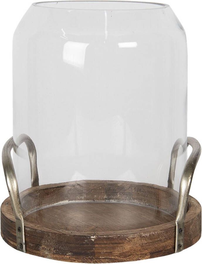 Clayre & Eef Windlicht Ø 22x27 cm Hout Glas Rond Kaarsenhouder Transparant Kaarsenhouder