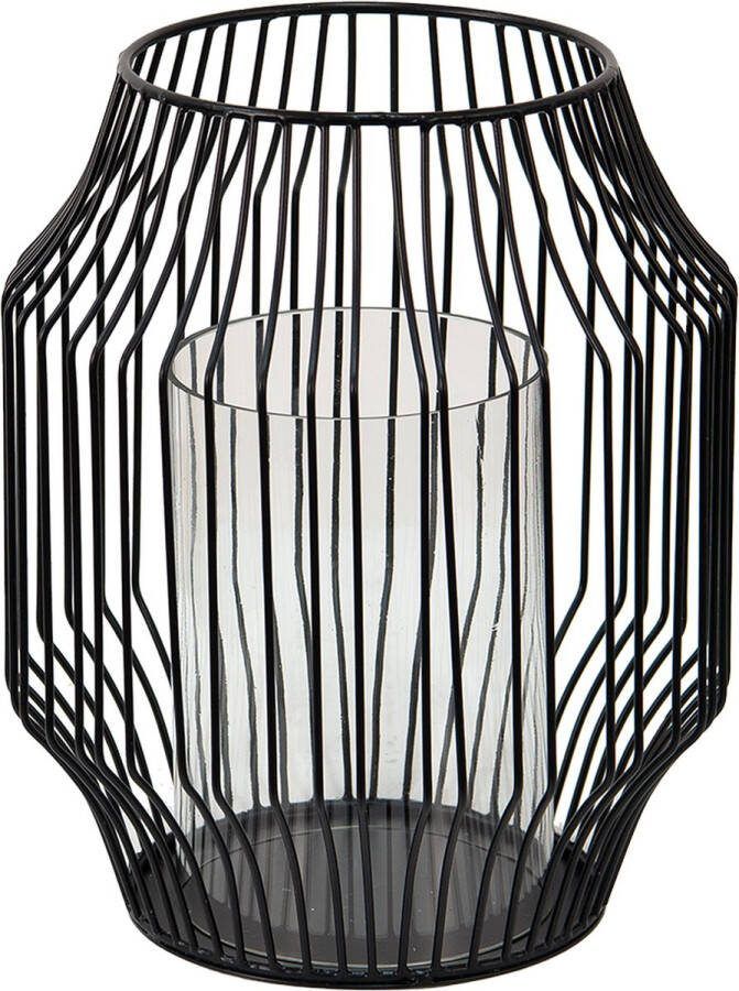 Clayre & Eef Windlicht Ø 23x28 cm Zwart Ijzer Glas Kaarsenhouder Zwart Kaarsenhouder