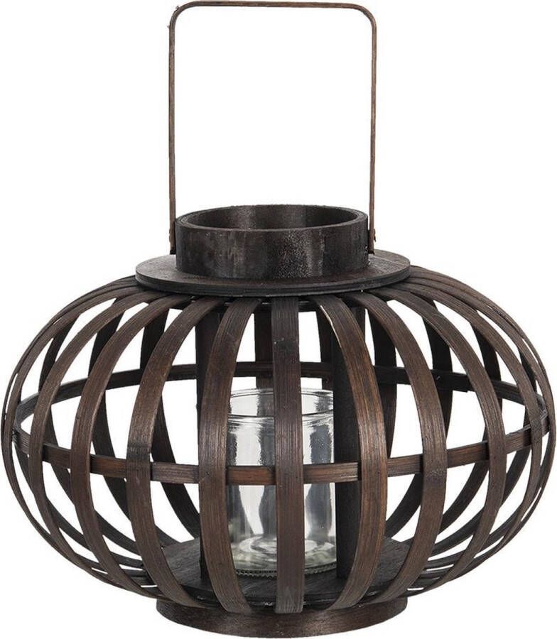 Clayre & Eef Windlicht Ø 34*23 cm Bruin Hout glas Rond Kaarsenhouder Sfeerverlichting KaarsenhouderSfeerverlichting