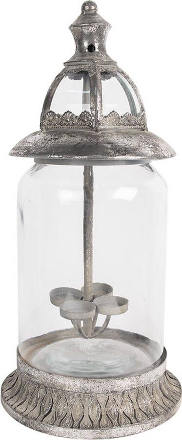 Clayre & Eef Windlicht 44 cm Zilverkleurig Ijzer Glas Kaarsenhouder Sfeerverlichting