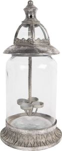 Clayre & Eef Windlicht 44 cm Zilverkleurig Ijzer Glas Kaarsenhouder Zilverkleurig Kaarsenhouder
