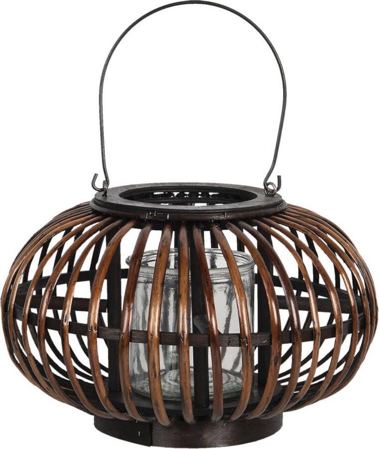 Clayre & Eef Windlicht Ø 34*21 cm Bruin Hout glas Rond Kaarsenhouder Sfeerverlichting