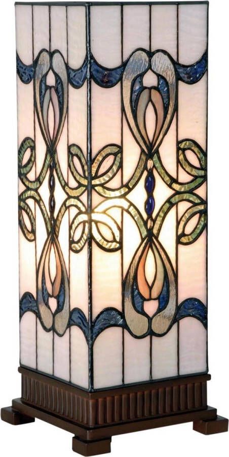 Clayre & Eef LumiLamp Tiffany Tafellamp 18*18*45 cm E27 max 1*40W Wit Blauw Glas in lood Rechthoek Art Deco Tiffany Bureaulamp Tiffany Lampen