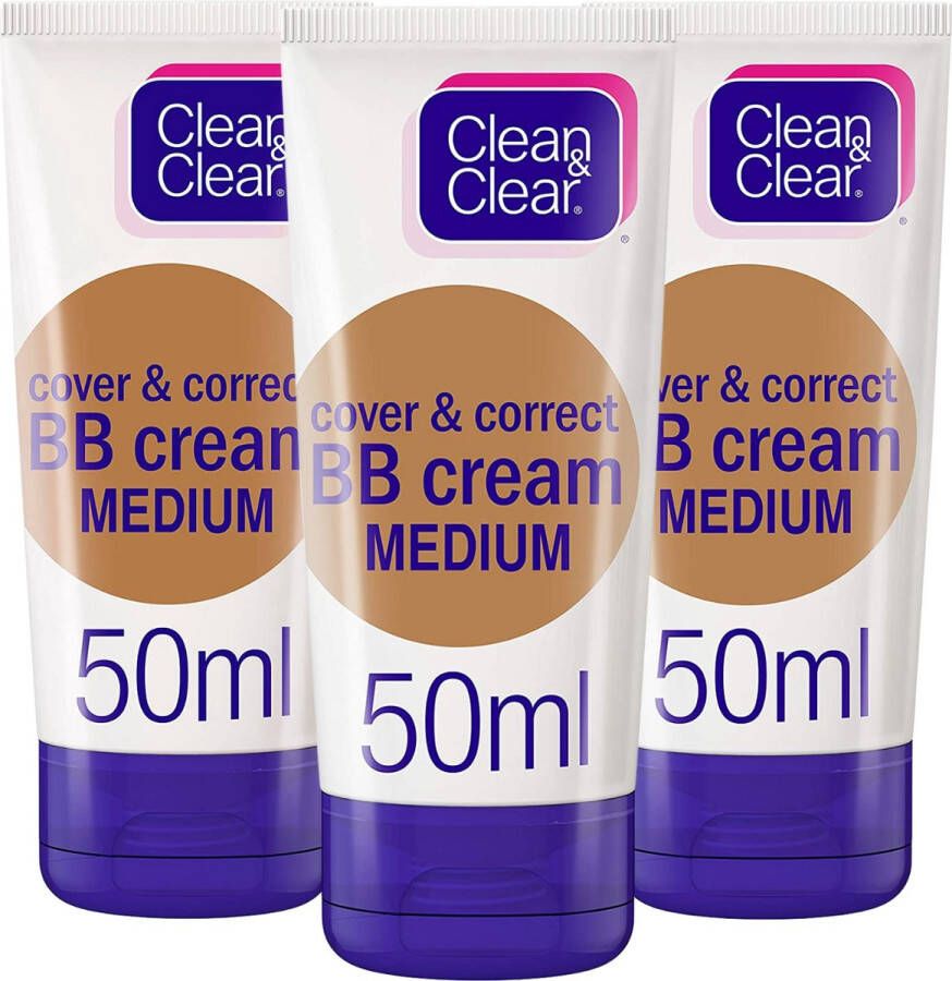 Clean & Clear Clean&Clear Cover Correct BB Cream Medium 3 stuks CC Creme en BB Creme Medium 2 in 1 Verstopt de Poriën Niet Geschikt voor Gevoelige Huid