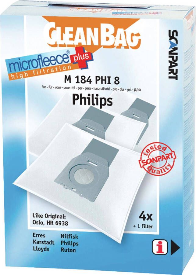 Cleanbag stofzuigerzakken 4 stuks Geschikt voor Philips Oslo+ HR6938 Inclusief 1 filter Alternatief