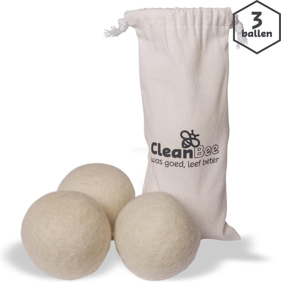 CleanBee Drogerballen XXL 3 stuks in handig katoenen bewaarzakje Wasverzachter Duurzaam Droogballen Wasbol Dryer balls Ecologisch 100% wol