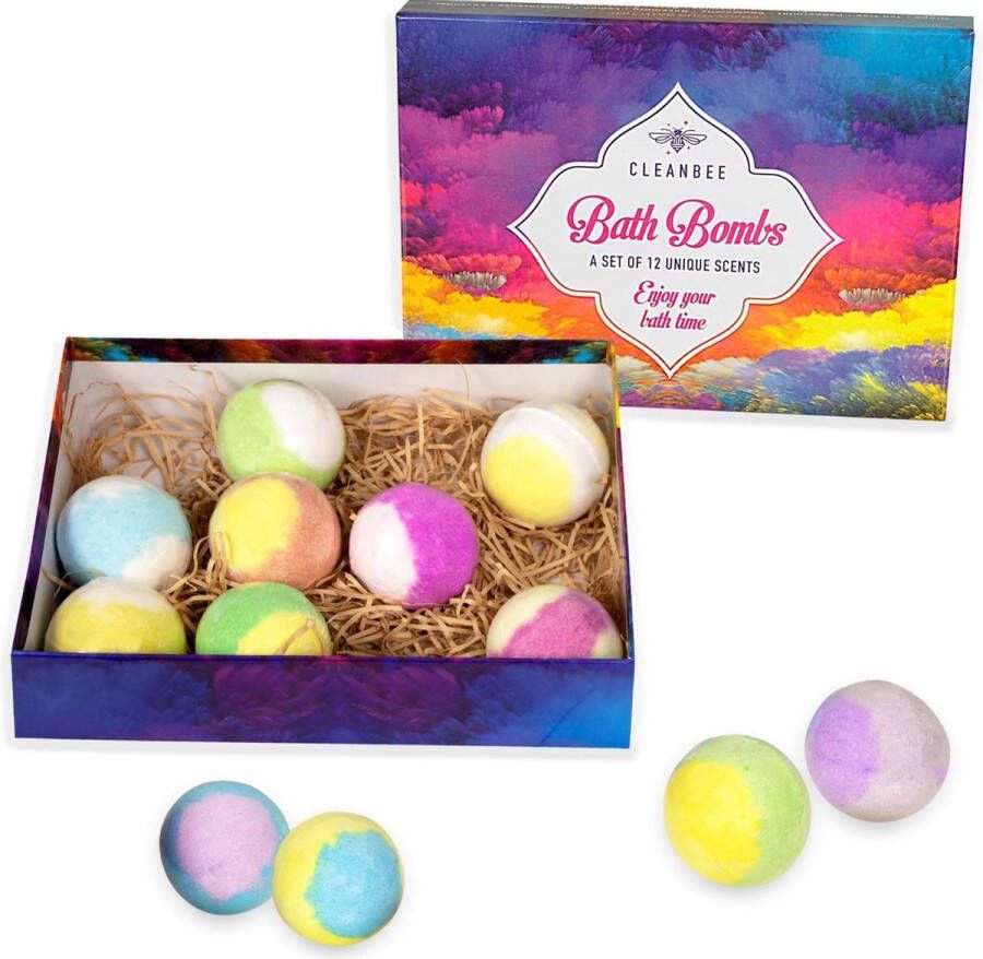 CleanBee Natuurlijke XL Bruisballen Bath Bombs Gift Set 100 gram per Bruisbal 12 Unieke Rustgevende Geuren 12 Unique scents Essentiële oliën Biologisch Vegan- Dierproefvrij 12 Stuks