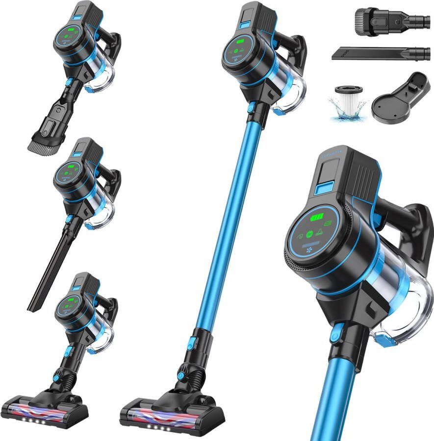 Cleanova Steelstofzuiger V350 27000PA 350W sterke zuigkracht draadloos 4 opzetstukken Display kruimeldief stofzuiger zonder zak LED verlichting 2500mAh inclusief muurbevestiging