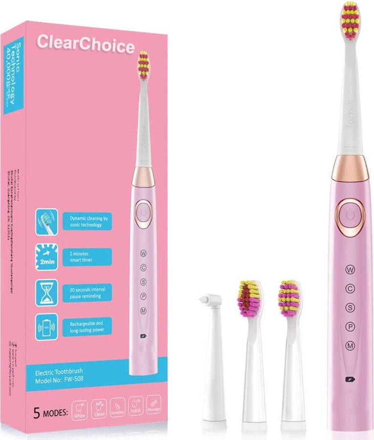 Clear Choice ClearChoice Electrische Tandenborstel Roze USB-Oplaadbaar Times 8 Opzetborstels 5-standen