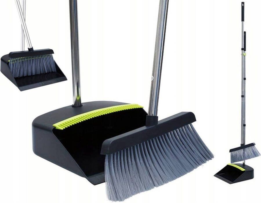 Cleenify Stoffer en Blik met lange Steel 133 cm Bezem voor Binnen & Buiten Ingebouwde Schoonmaaktanden Zwart Groen