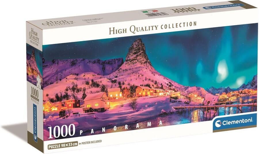Clementoni Puzzel 1000 Stukjes Panorama Compacte doos Colorful Night Lofoten Island Puzzel Voor Volwassenen