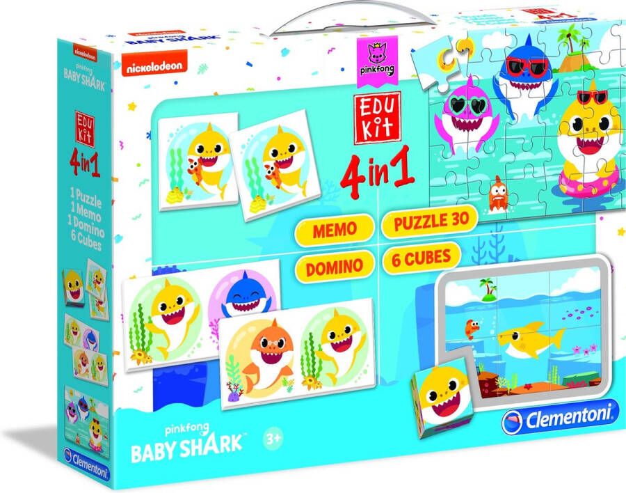 Clementoni Edukit 4 in 1 Baby Shark (puzzelblokken domino spel puzzel 30 stukjes en memo) educatief spel kaartspel speelgoed 3 jaar