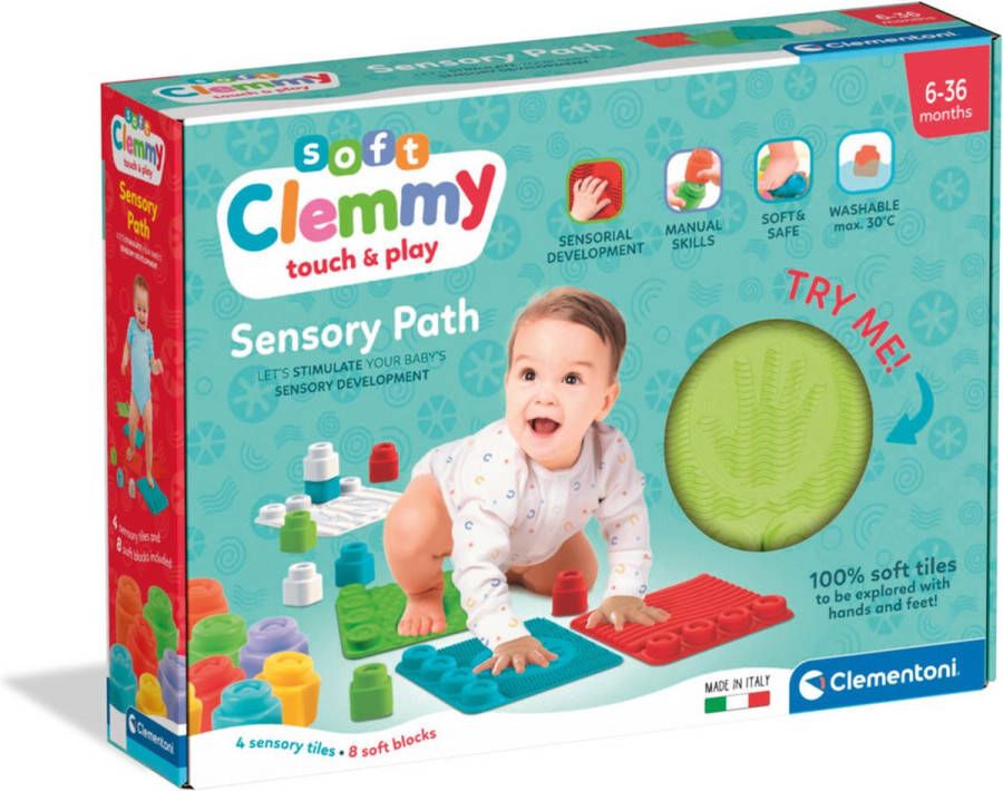 Clementoni Soft Clemmy Sensory Path Speelkleed Baby Speelmat met Blokken 8 Stapelblokken 6-36 maanden