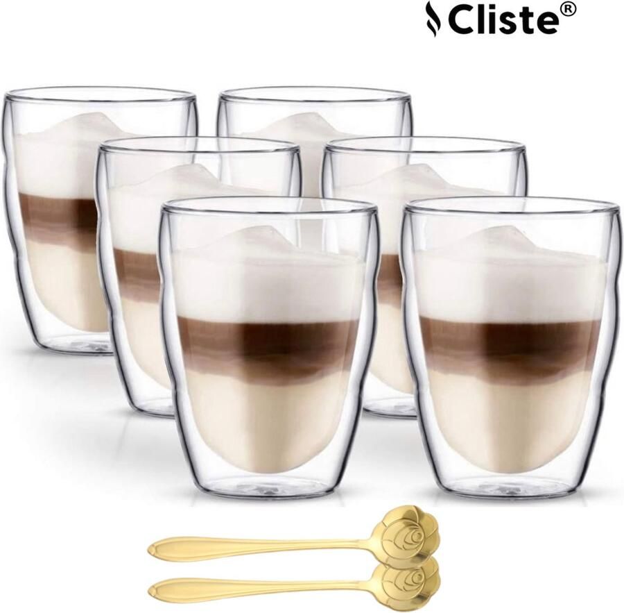 Cliste Dubbelwandige Koffieglazen 250ML Set van 6x Met Gratis 6x Lepels Latte Macchiato Glazen Set van 6 Dubbelwandige Cappuccino Glazen Dubbelwandige Theeglazen Cappuccino Glazen Koffieglazen