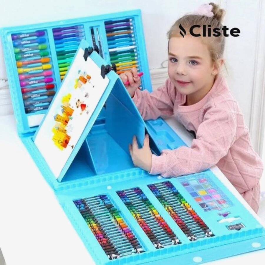 Cliste Tekendoos 208-delig Art Set Creativiteitsdoos voor kinderen Tekenset Blauw Kleuren Schminken tekenen Knutselen Schilderen Kinderen!