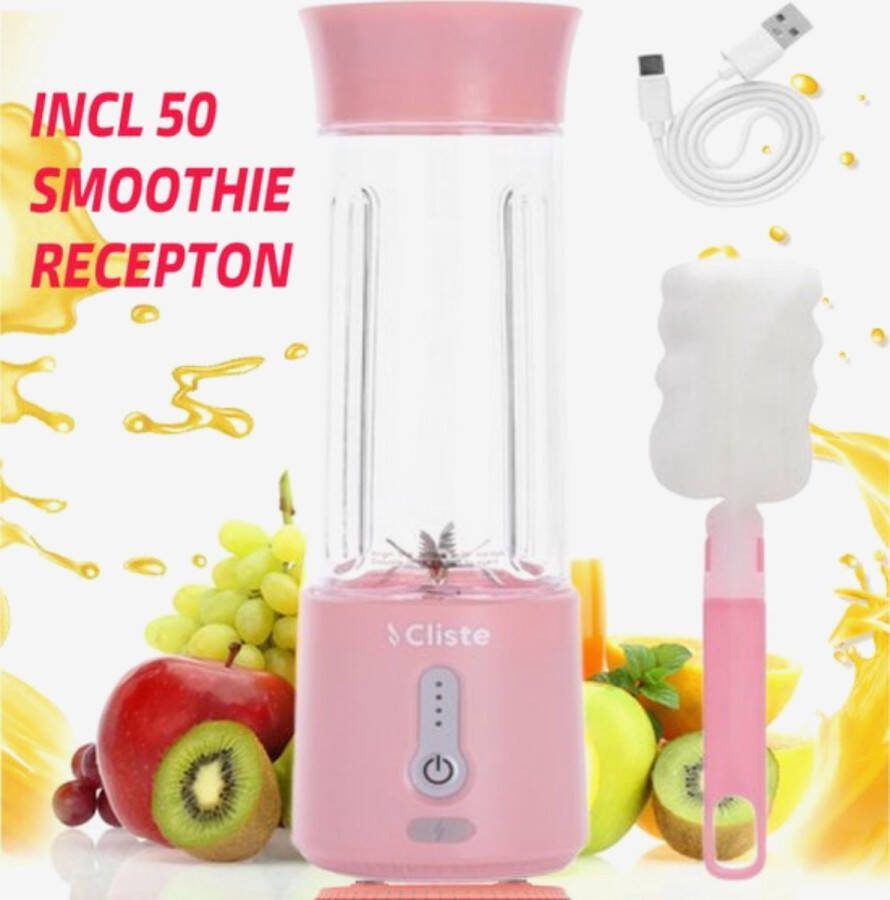 Cliste Draagbare Blender To Go Portable Smoothie Blender USB Oplaadbaar 500 ml Roze Mini Smoothie Maker USB Oplaadbaar Fresh Juice Maker Portable Blender Roze Recepten inbegrepen