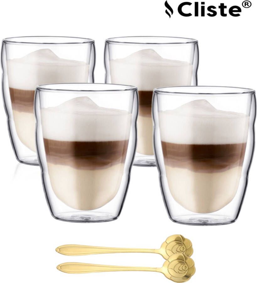 Cliste Dubbelwandige Koffieglazen 250ML Set van 4x Met Gratis 4x Lepels Latte Macchiato Glazen Set van 4 Dubbelwandige Cappuccino Glazen Dubbelwandige Theeglazen Cappuccino Glazen Koffieglazen