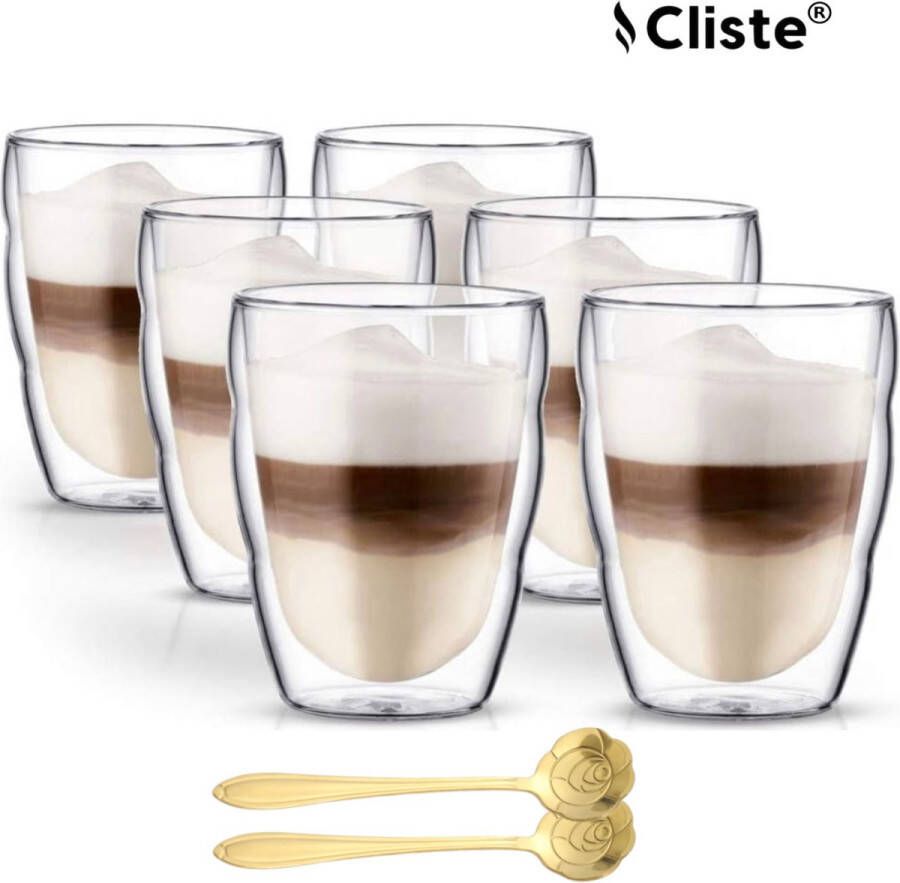 Cliste Dubbelwandige Koffieglazen 250ML Set van 6x Met Gratis 6x Lepels Latte Macchiato Glazen Set van 6 Dubbelwandige Cappuccino Glazen Dubbelwandige Theeglazen Cappuccino Glazen Koffieglazen