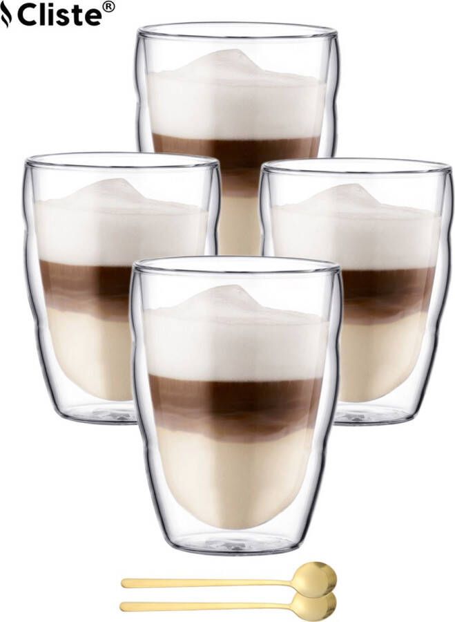 Cliste Dubbelwandige Koffieglazen 350ML Set van 4x met Gratis 4x Lepels Latte Macchiato Glazen Set van 4 Dubbelwandige Cappuccino Glazen Dubbelwandige Theeglazen Cappuccino Glazen Koffieglazen