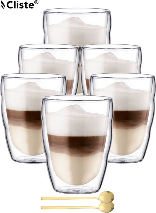 Cliste Dubbelwandige Koffieglazen 350ML Set van 6x met Gratis 6x Lepels Latte Macchiato Glazen Dubbelwandige Cappuccino Glazen Dubbelwandige Theeglazen Cappuccino Glazen Koffieglazen