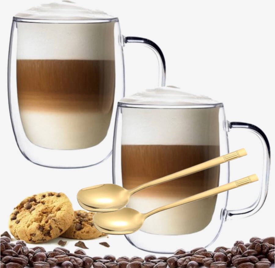 Cliste Dubbelwandige Koffieglazen Met Oor Met Gratis 2x Goud Lepels Latte Macchiato Glazen Dubbelwandige Theeglazen 400 ML 2x Cappuccino Glazen