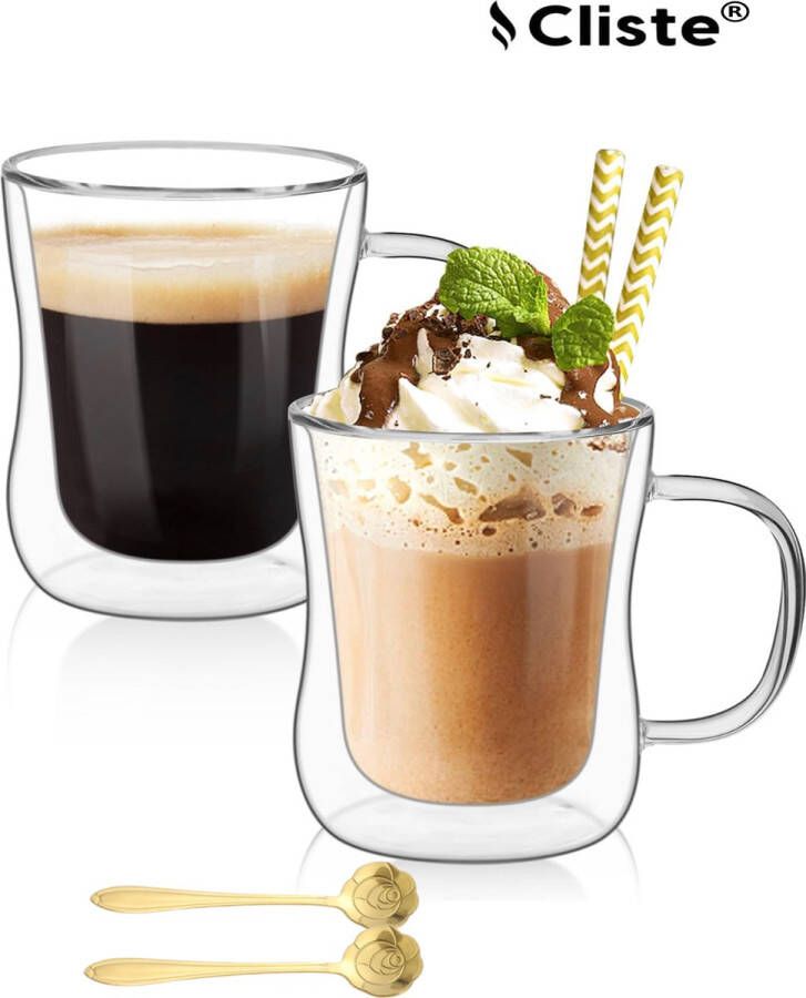 Cliste Dubbelwandige Koffieglazen Met Oor Met Gratis 2x Goud Lepels Latte Macchiato Glazen 250ML Dubbelwandige Theeglazen 2x Cappuccino Glazen