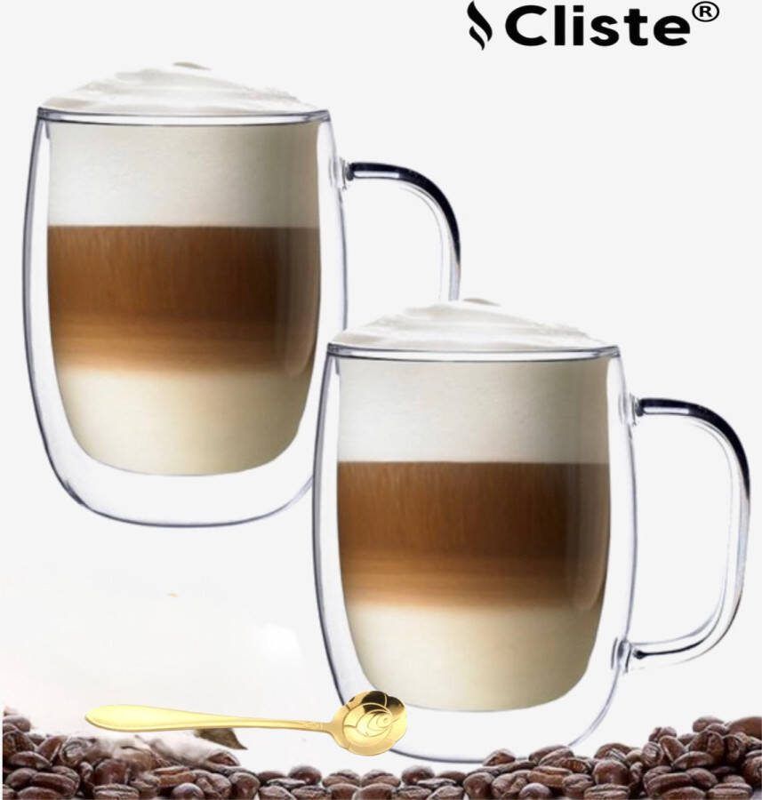 Cliste Dubbelwandige Koffieglazen Met Oor Met Gratis 2x Goud Lepels Latte Macchiato Glazen 400ML Dubbelwandige Theeglazen 2x Cappuccino Glazen
