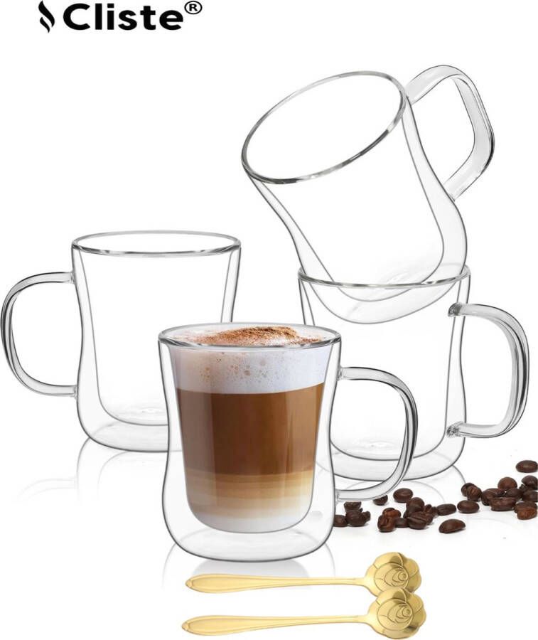 Cliste Dubbelwandige Koffieglazen Met Oor Met Gratis 4x Goud Lepels Latte Macchiato Glazen 250ML Dubbelwandige Theeglazen 4x Cappuccino Glazen
