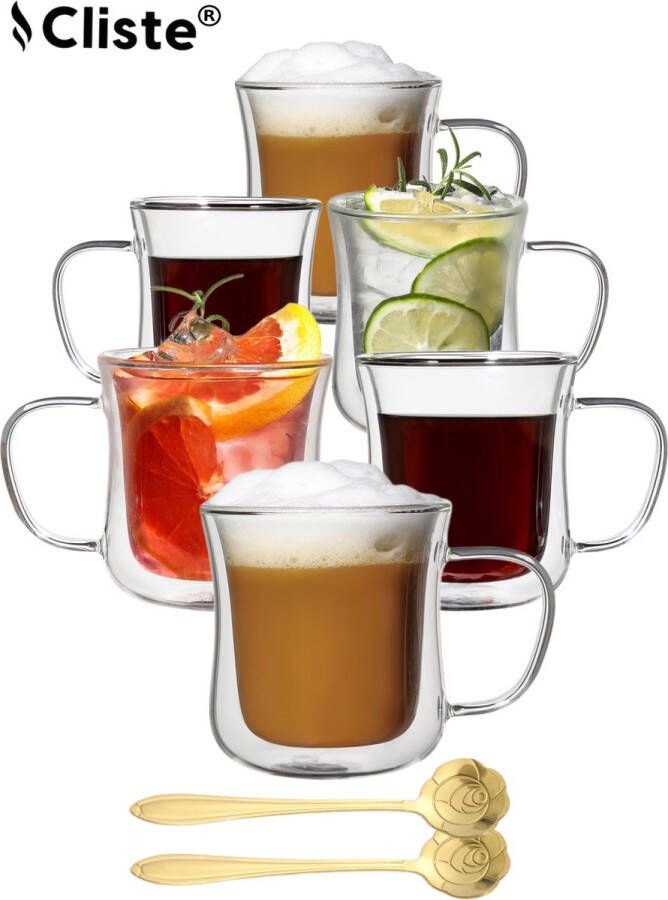Cliste Dubbelwandige Koffieglazen Met Oor Met Gratis 6x Goud Lepels Latte Macchiato Glazen 250ML Dubbelwandige Theeglazen 6x Cappuccino Glazen