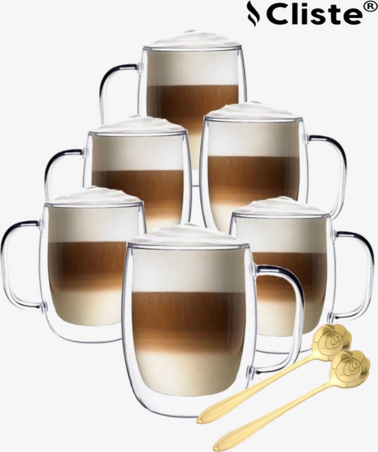 Cliste Dubbelwandige Koffieglazen Met Oor Met Gratis 6x Lepels Latte Macchiato Glazen 400ML Dubbelwandige Theeglazen 6x Cappuccino Glazen Koffieglazen