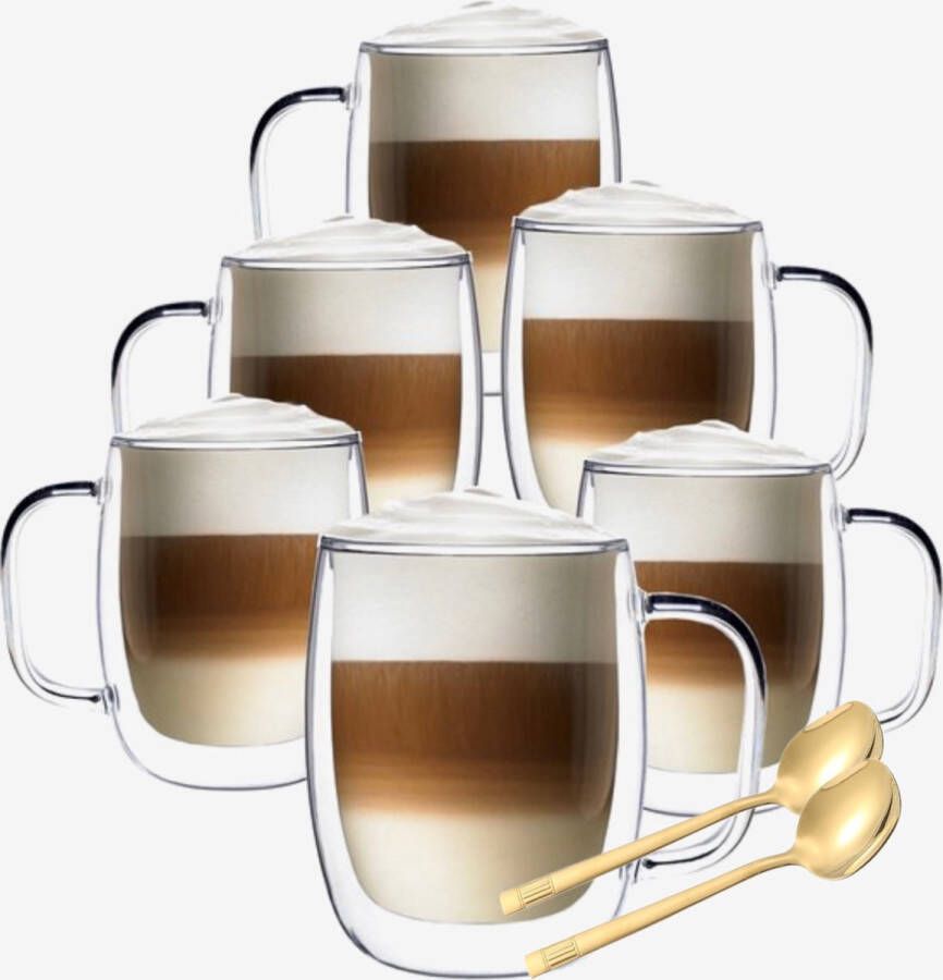 Cliste Dubbelwandige Koffieglazen Met Oor Met Gratis 6x Lepels Latte Macchiato Glazen Dubbelwandige Theeglazen 400 ML 6x Cappuccino Glazen Koffieglazen
